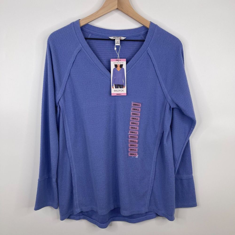 Wildfox Womens Top Size S Solid Blue Soft Fuzzy Long‎ Sleeve V Neck NWT